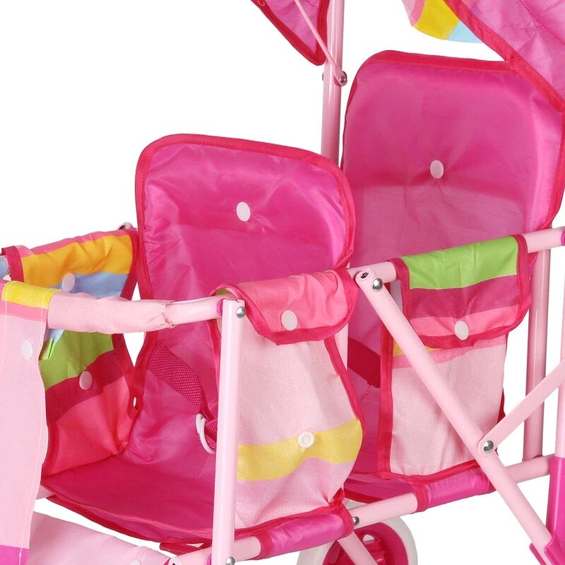 Poussette pour Bébé Reborn Rose Bandes colorées 2 places