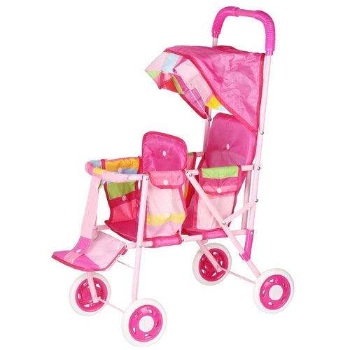Poussette pour Bébé Reborn Rose Bandes colorées 2 places